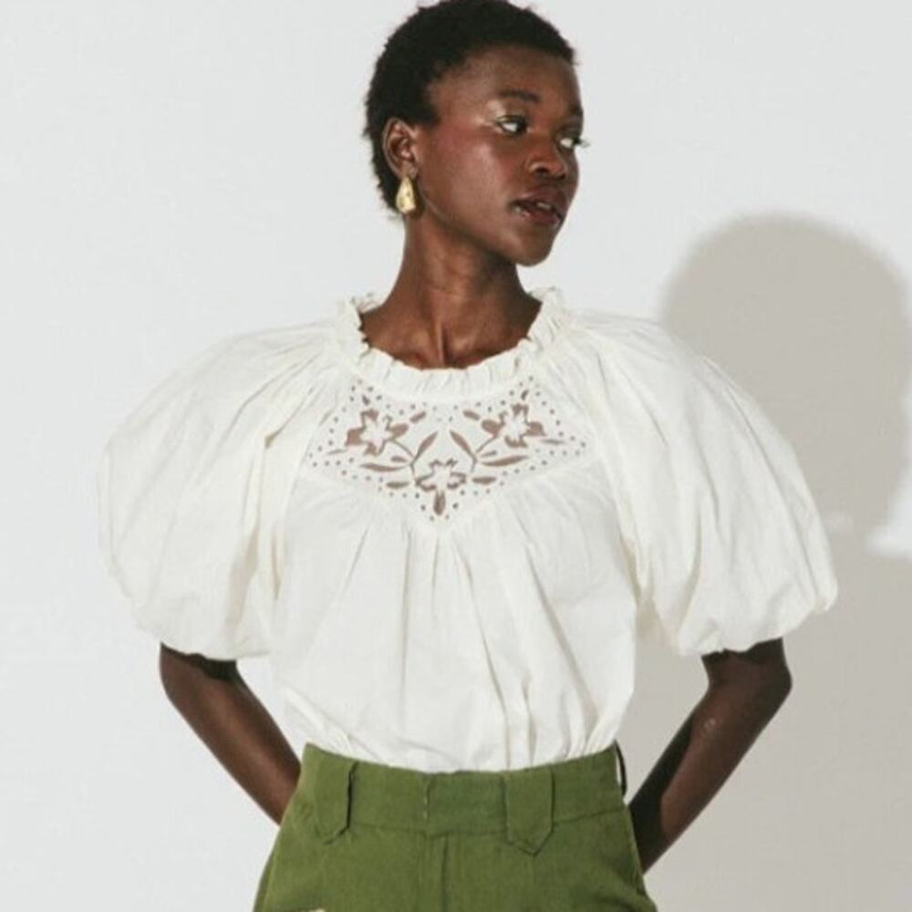 NWT Cleobella Women's Organic Cotton Ivory Baylor Blouse Eyelet-Cut Yoke Top S